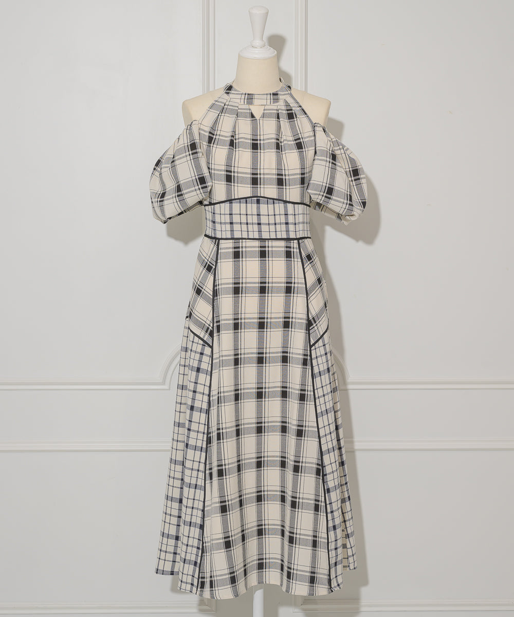 Off-shoulder Checkered Dress