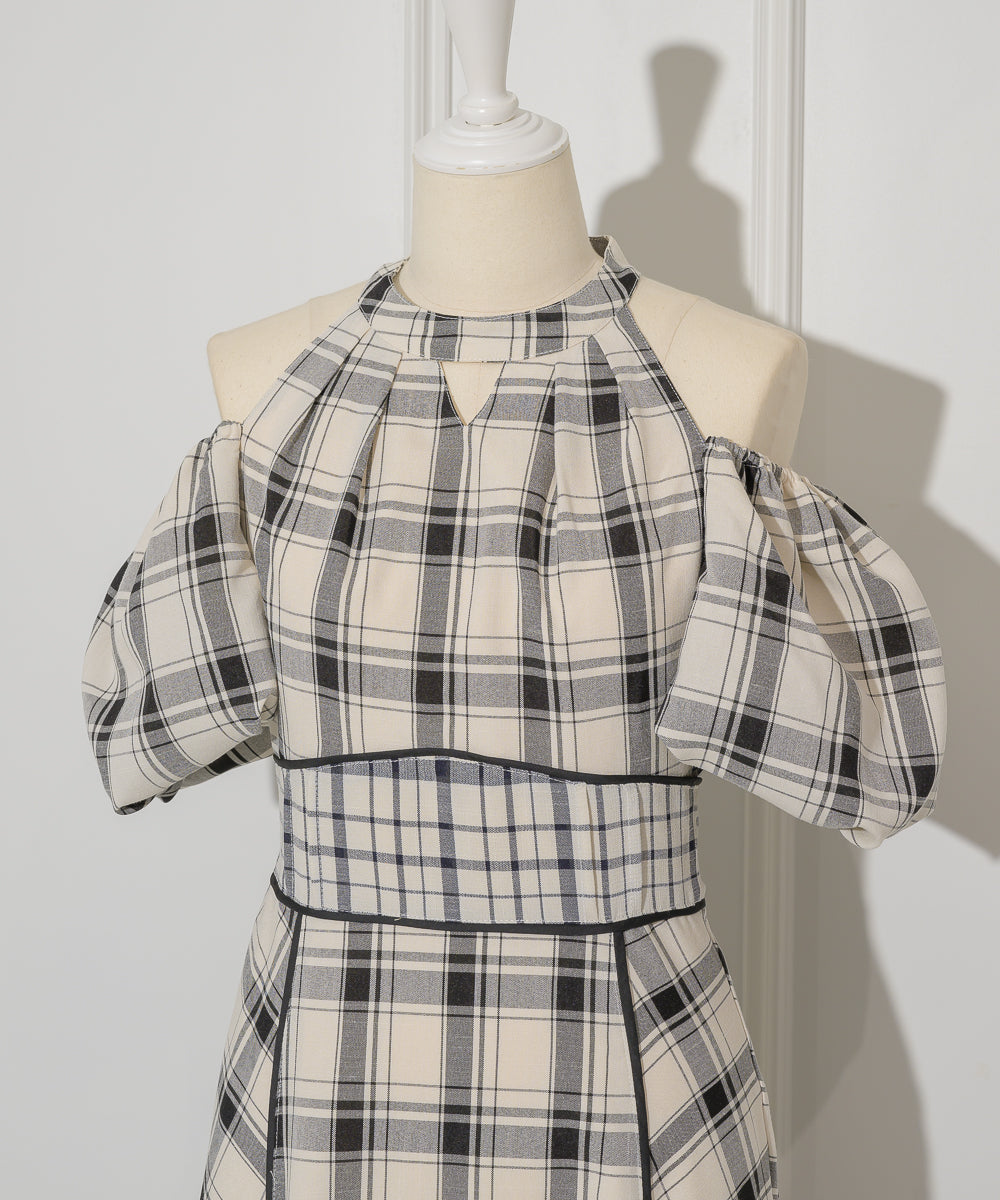 Off-shoulder Checkered Dress