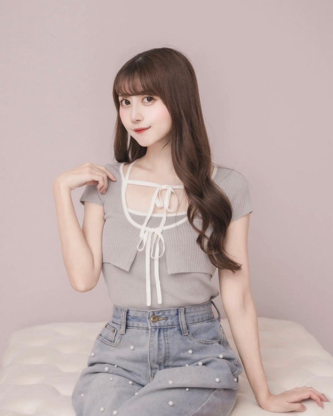 モデル身長:159cm / 着用カラー:ブルーグレー×アイボリー