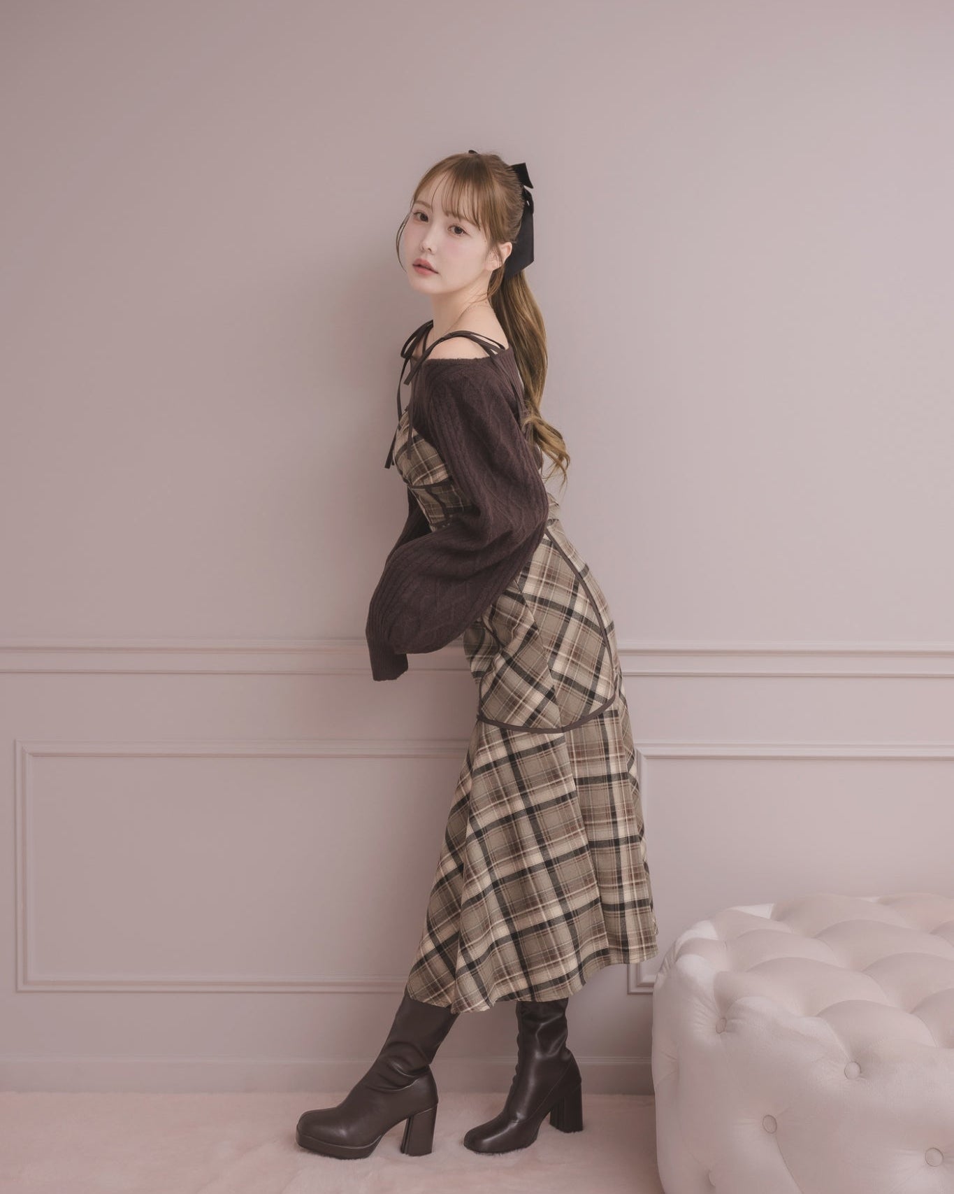 モデル身長:166cm / 着用カラー:ブラウンチェック