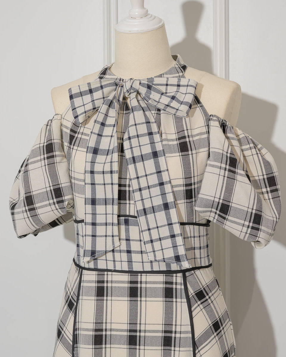 Off-shoulder Checkered Dress