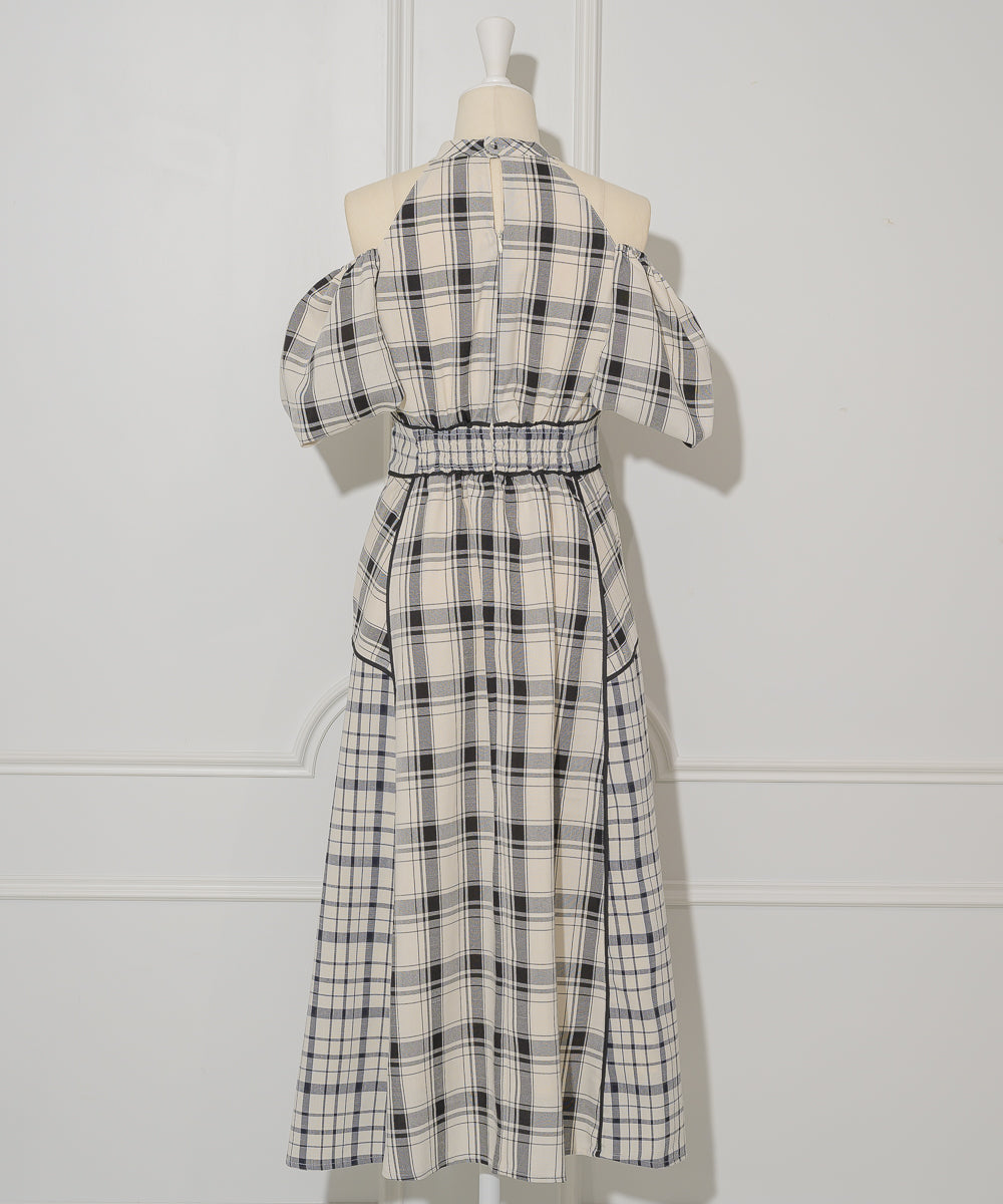 Off-shoulder Checkered Dress
