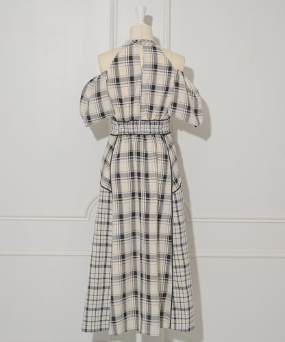 Off-shoulder Checkered Dress