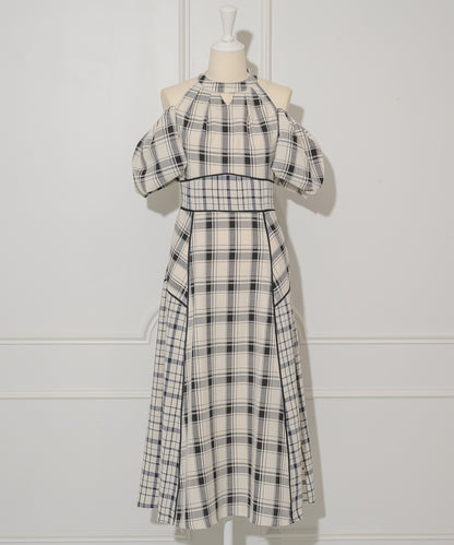 Off-shoulder Checkered Dress