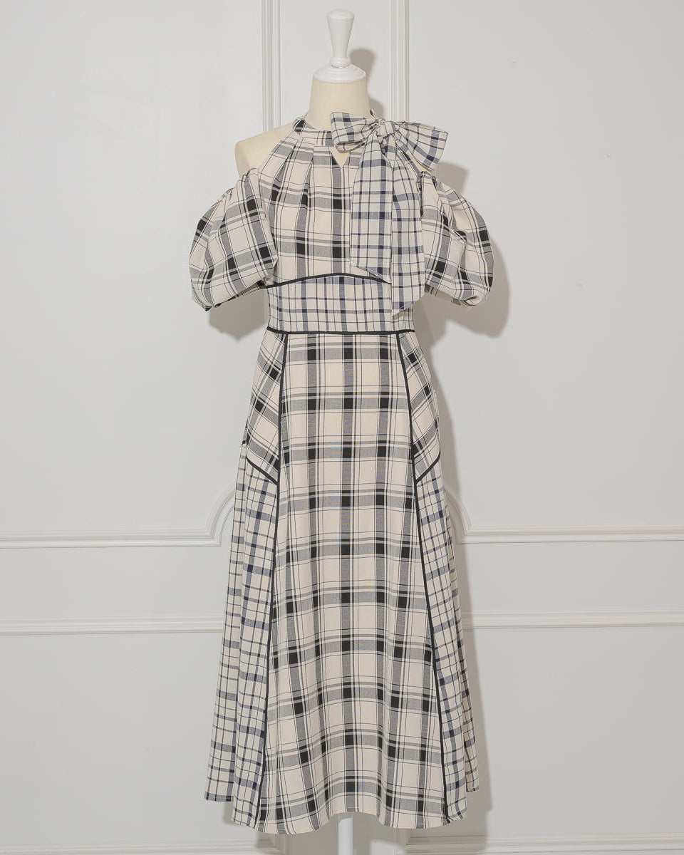 Off-shoulder Checkered Dress