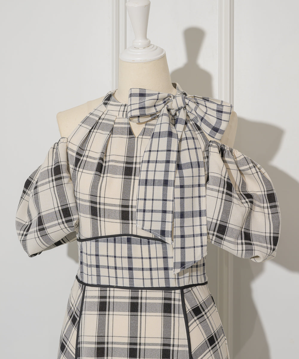 Off-shoulder Checkered Dress