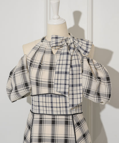 Off-shoulder Checkered Dress