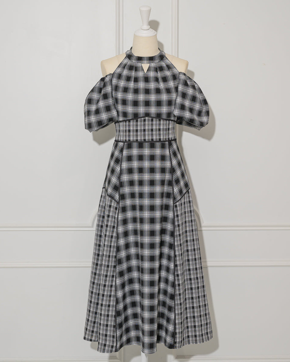 Off-shoulder Checkered Dress