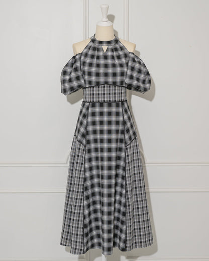 Off-shoulder Checkered Dress