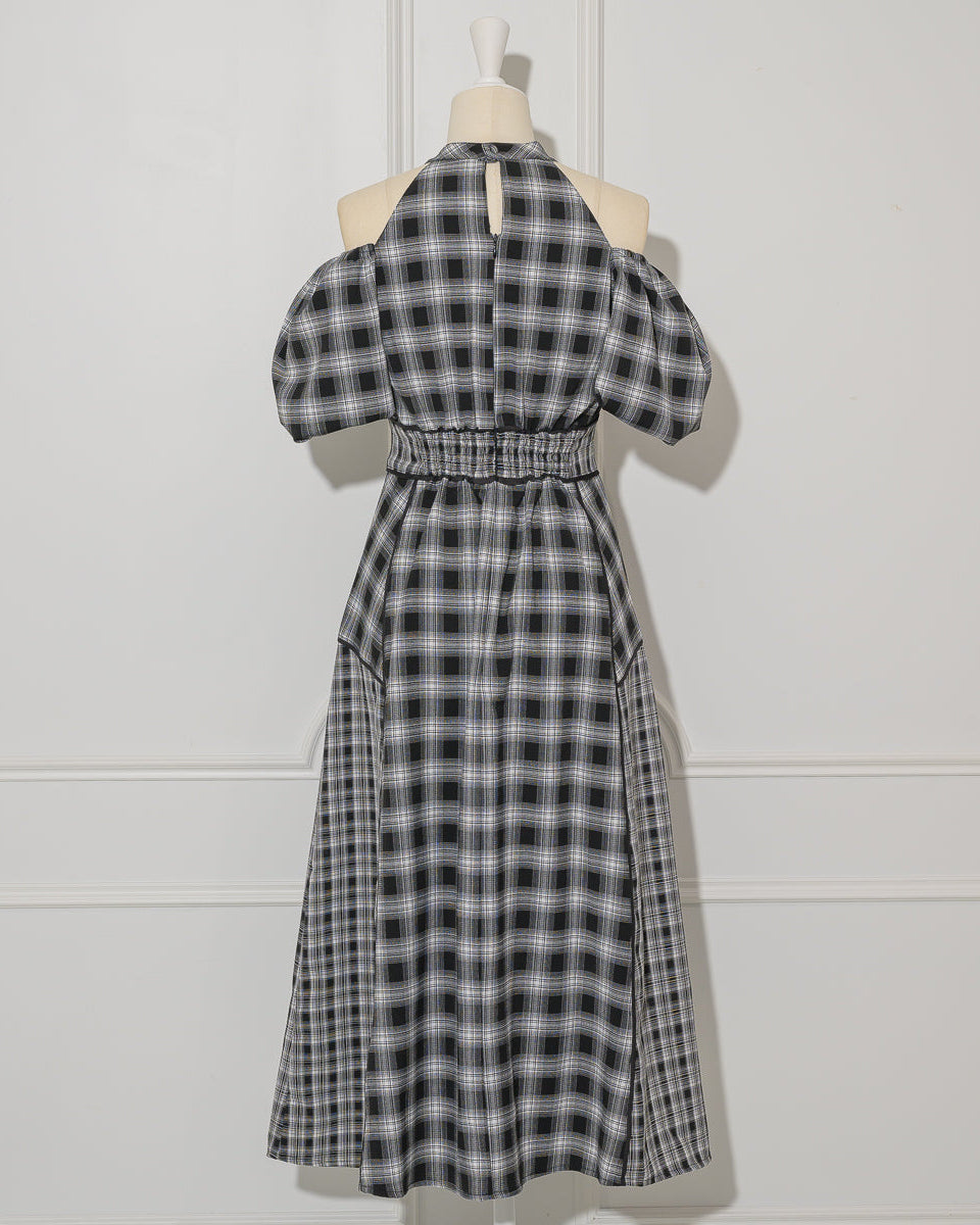 Off-shoulder Checkered Dress