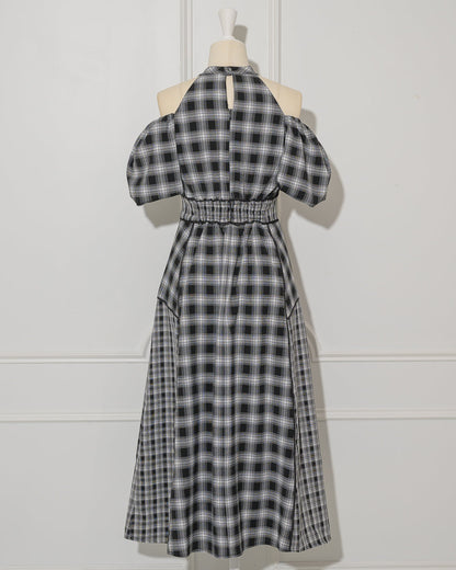 Off-shoulder Checkered Dress