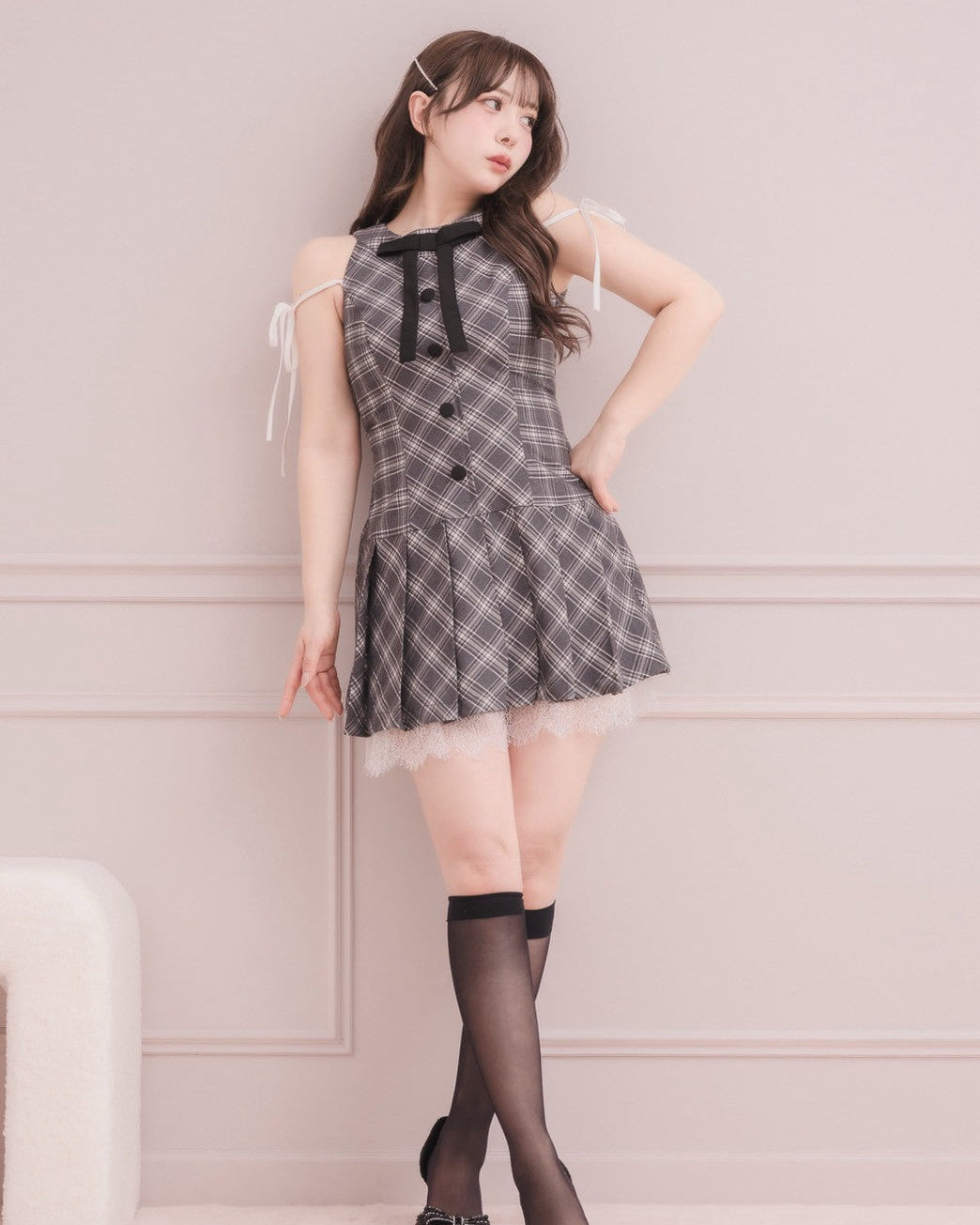 モデル身長：151cm / 着用サイズ：Sサイズ/ 着用カラー：グレーチェック