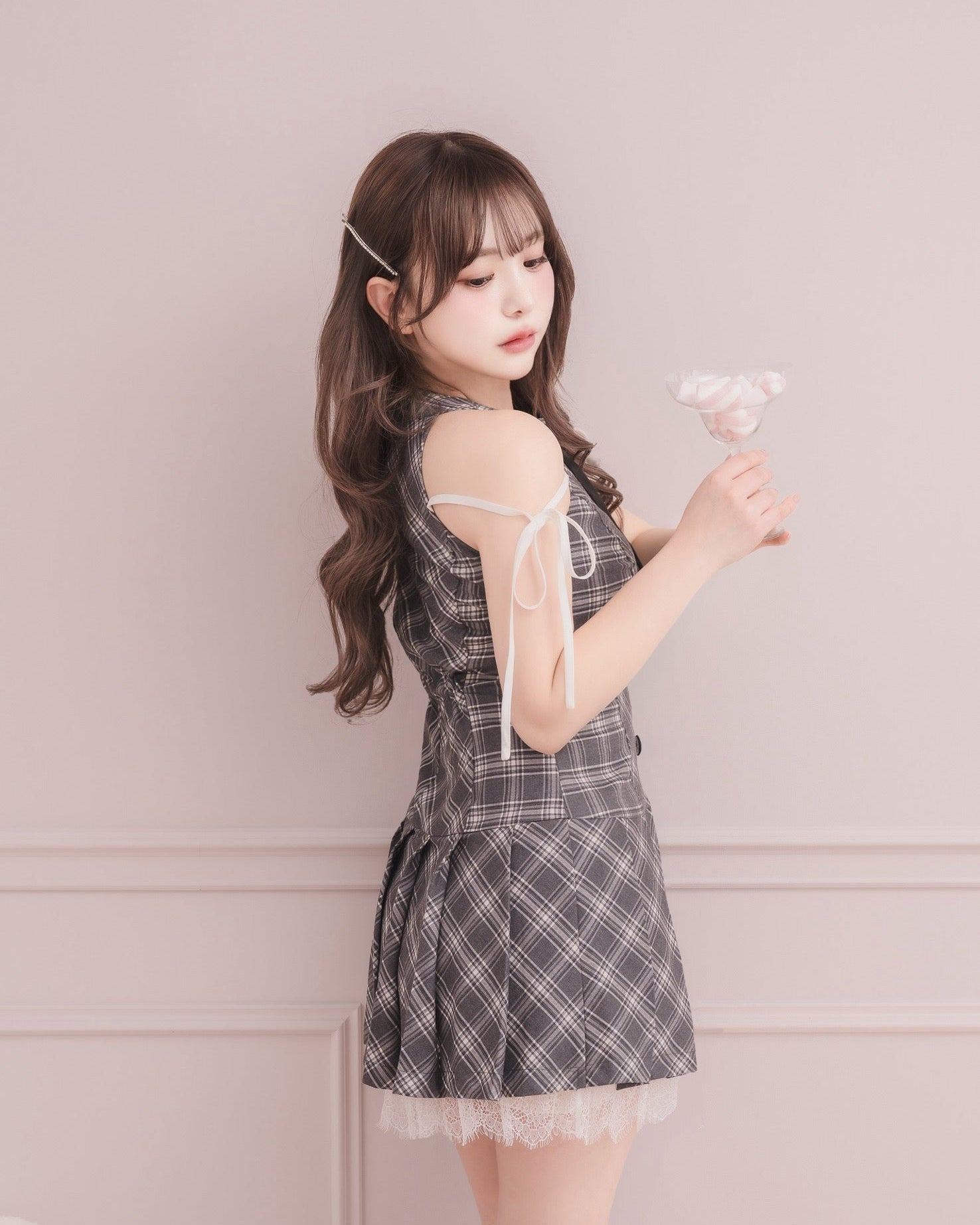 モデル身長：151cm / 着用サイズ：Sサイズ/ 着用カラー：グレーチェック
