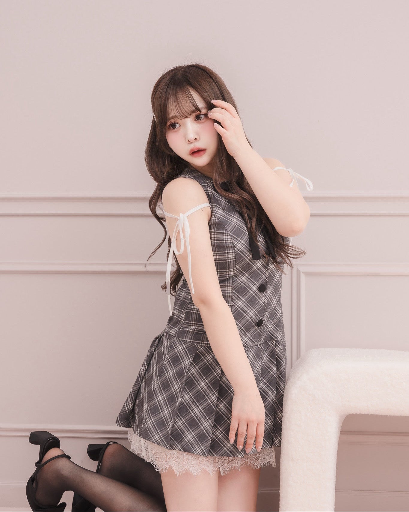 モデル身長：151cm / 着用サイズ：Sサイズ/ 着用カラー：グレーチェック