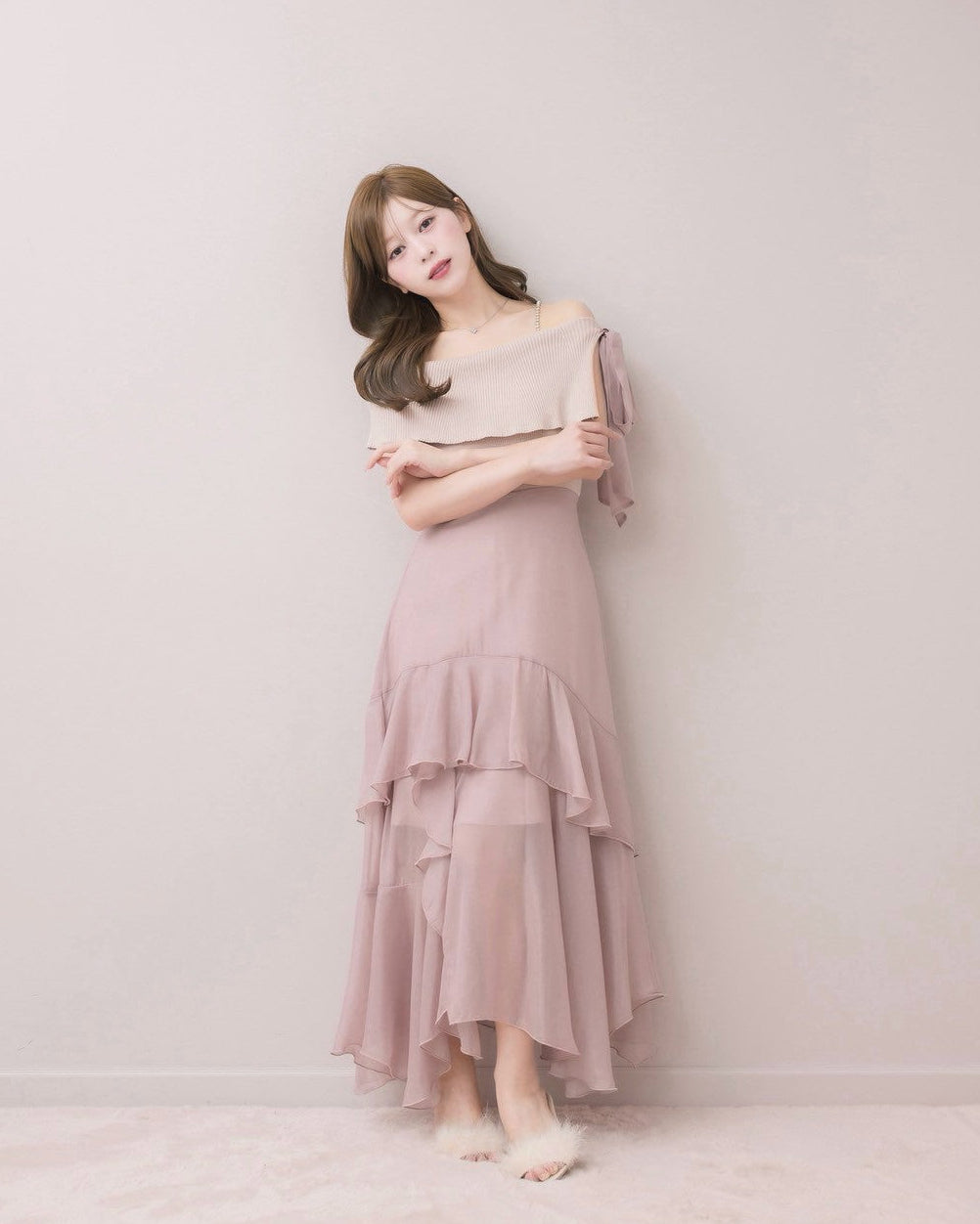 Asymmetric Chiffon Panel Dress – DOLCELICHE（ドルチェリーチェ）