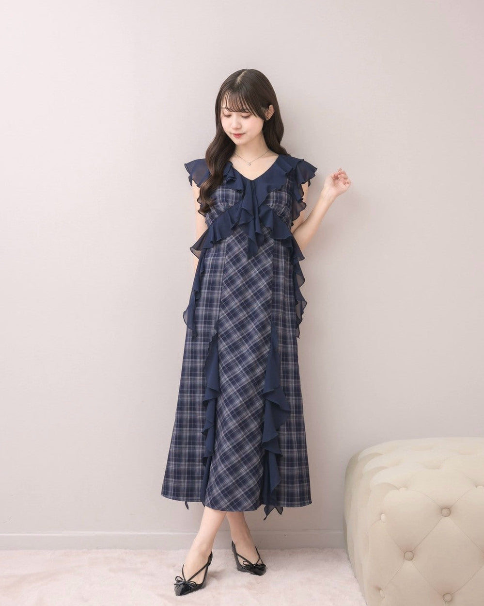 モデル身長：159cm / 着用カラー：ネイビーチェック