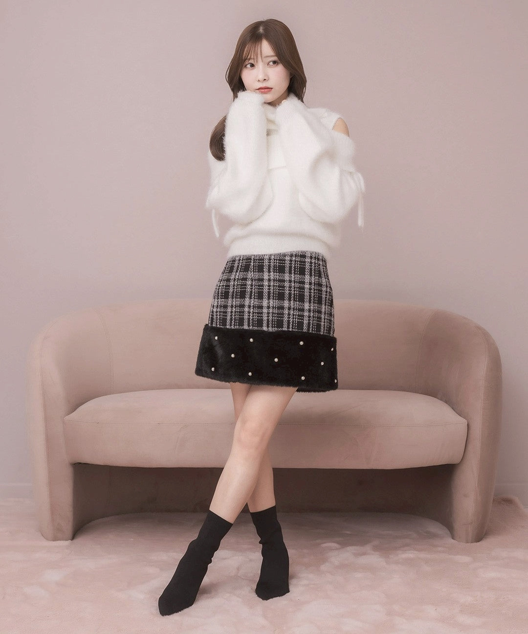 モデル身長：160cm / 着用カラー：アイボリーチェック