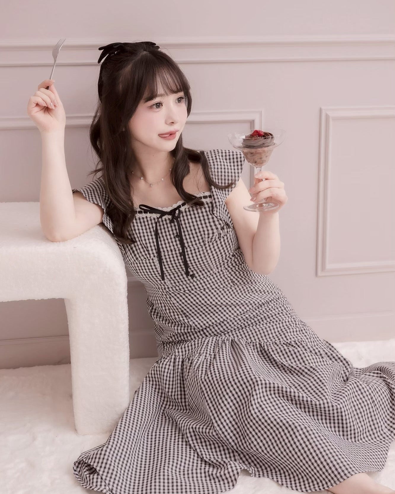 モデル身長：151cm / 着用カラー：ブラックチェック