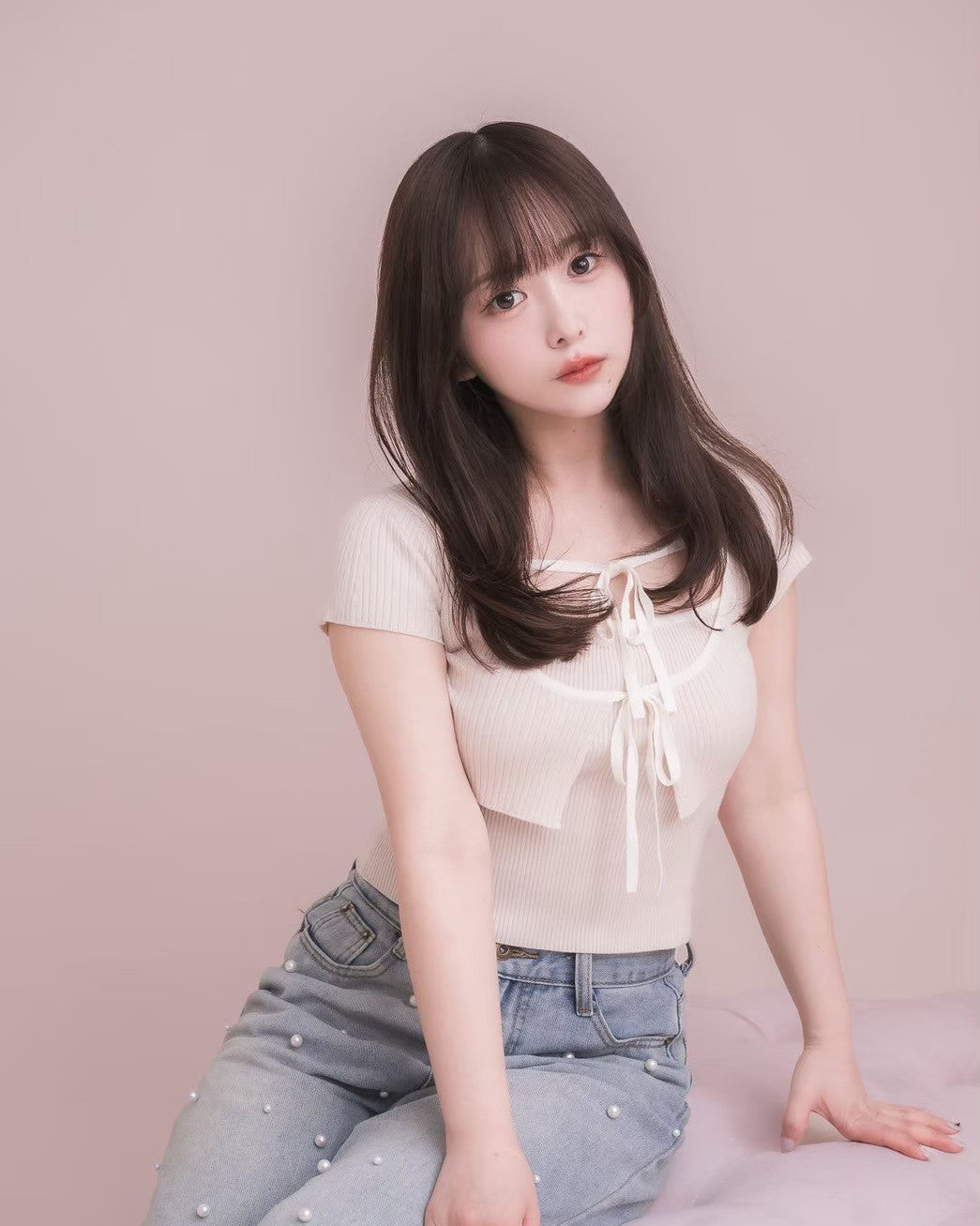 モデル身長：153cm / 着用カラー：ピンクベージュ×アイボリー