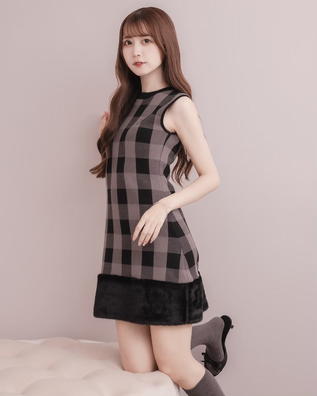 Fur Check Mini Knit Dress