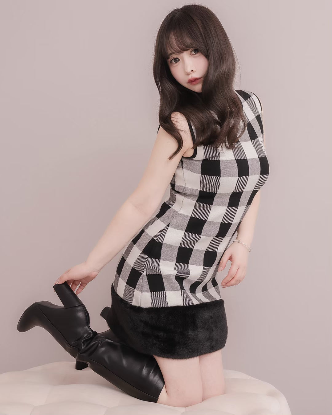 Fur Check Mini Knit Dress