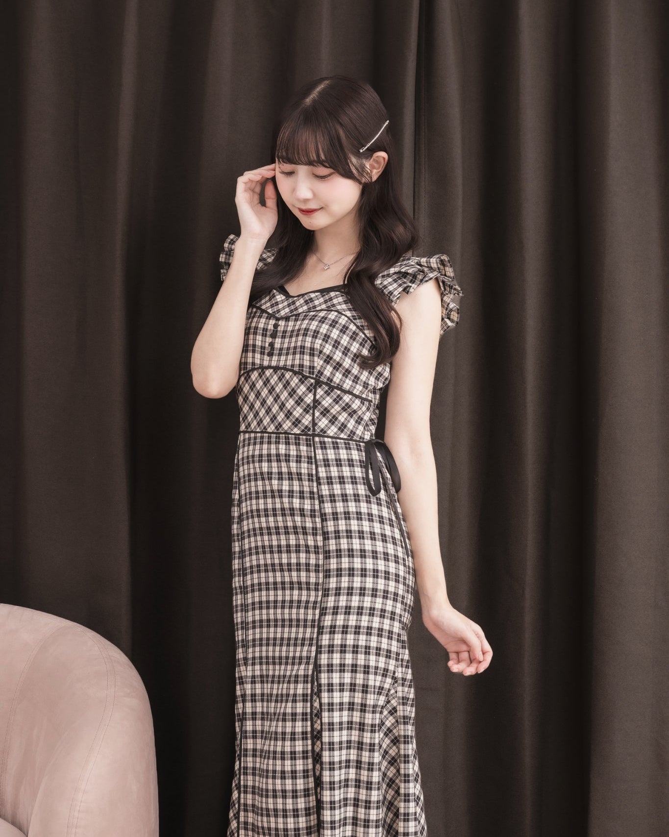 モデル身長：159cm / 着用カラー：ブラックチェック